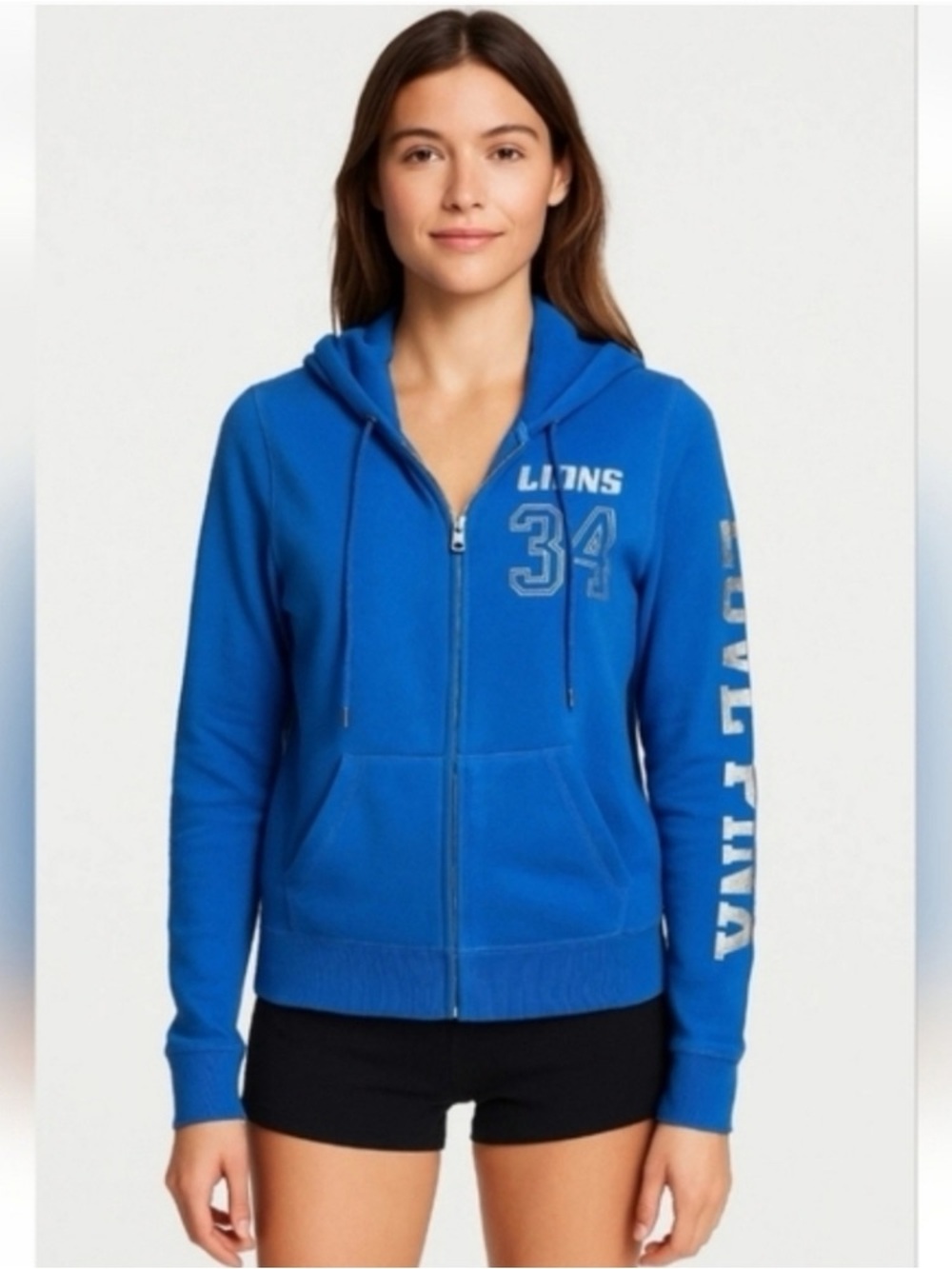PINK Victoria's Secret Royal Blue Zip-Up Hoodie with 'LIONS 34' Graphic